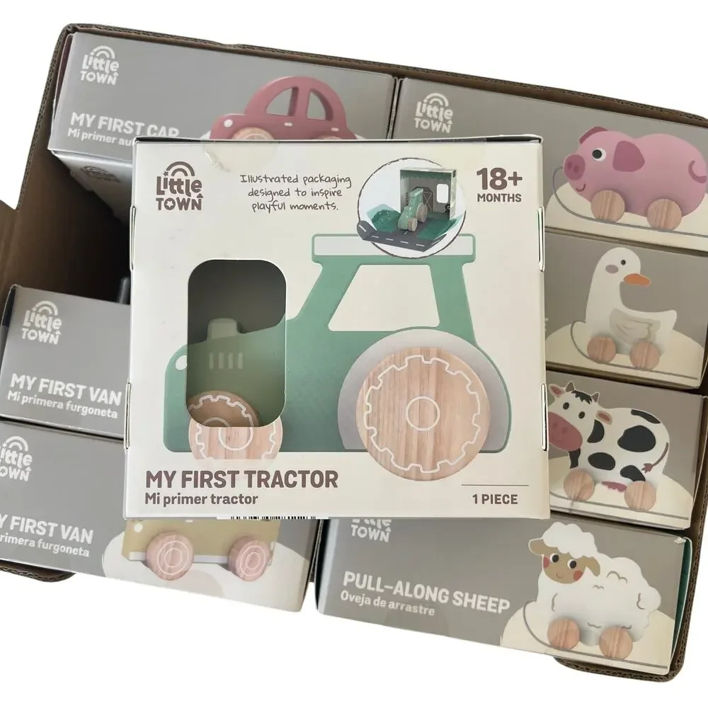 Little Town Wooden Baby Toy Lot 8 NIB Pull-Along Animals & Cars Aldi Montessori